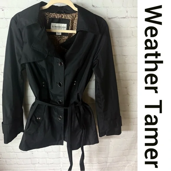 Weather Tamer Black Belted Trench Jacket M – Leopard Lined Lightweight Coat - Picture 2 of 7